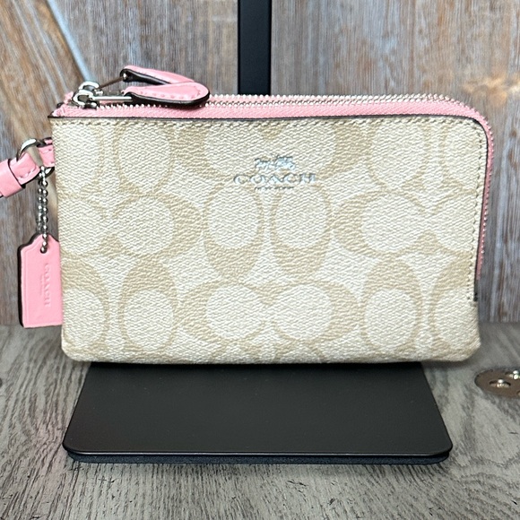Coach Handbags - Coach Wristlet Wallet Double Zip Coated Canvas Light Khaki/Blush Bubblegum